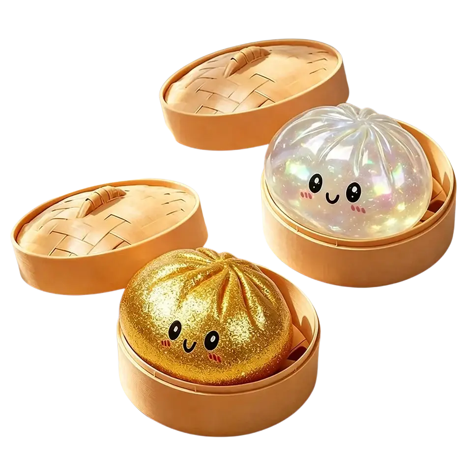 Golden glittery dumpling-shaped stress ball with cute cartoon face in box for stress relief and fidgeting gift fans