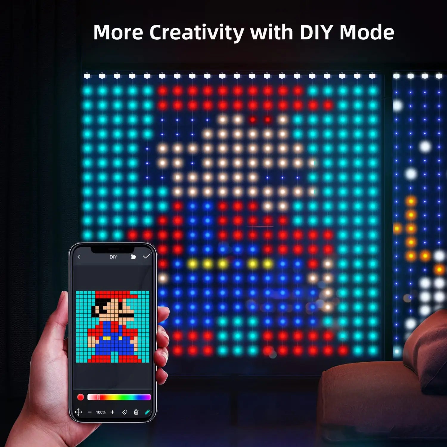 Smartes LED-Vorhanglicht RGB, per App gesteuert, für DIY-Weihnachtsdekoration; mit einer farbenfrohen LED-Pixelkunst-Anzeigetafel, auf der ein Mario-Charakter in Rot und Blau mit anpassbaren Lichtern beleuchtet wird; konform mit den ROHS-, CE- und EMV-Standards