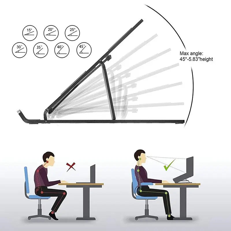 schwarzer verstellbarer Laptopständer mit mehreren Winkeleinstellungen für eine ergonomische Bildschirmausrichtung, mit Wärmeableitungsdesign.