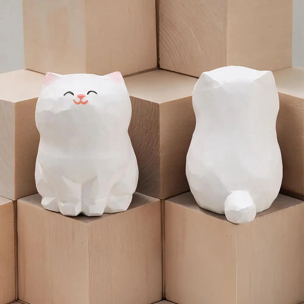 handcrafted wooden cat figurine desk decor featuring white ceramic minimalist geometric design with subtle pink accents on nose and inner ears factory direct actual product