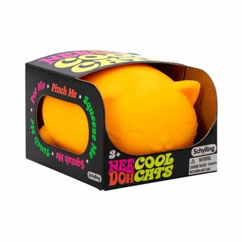 bright orange needoh squishy cat shaped sensory fidget toy with quick rebound in a black box featuring colorful branding