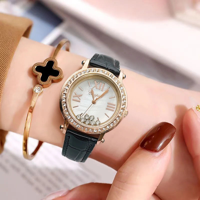 New Trendy Vintage Green Watch for Women, Stylish and Waterproof, with a Luxurious Diamond-Studded Design, Niche Camellia Style, Small Green Watch for Women, with Happy Diamonds