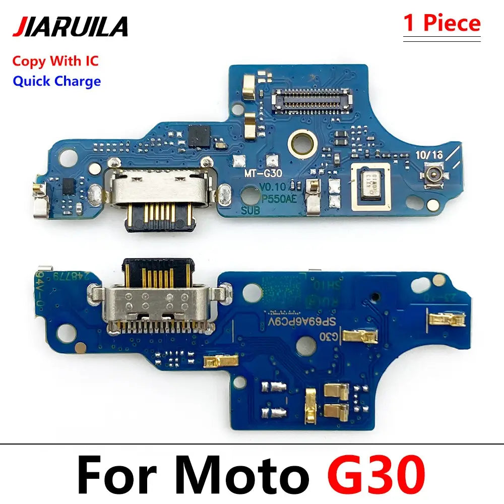 Blaues Leiterplatten-Ladeanschluss-Flexkabel mit silbernem USB-C-Lade-Dock und goldfarbenen, für Moto G30 beschrifteten Steckverbindern, kompatibel mit Moto G9 Power.