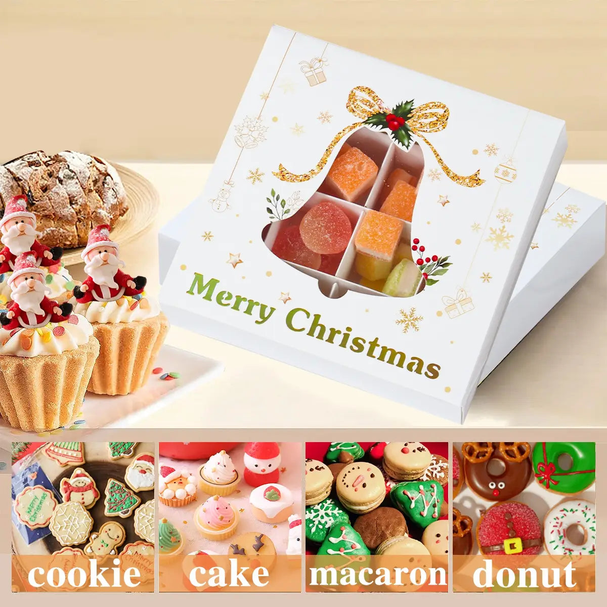 White christmas-themed gift box with a gold ribbon and holly design featuring a clear window showcasing colorful candies arranged in a bell shape for Christmas gift box paper treat packaging for cookies.