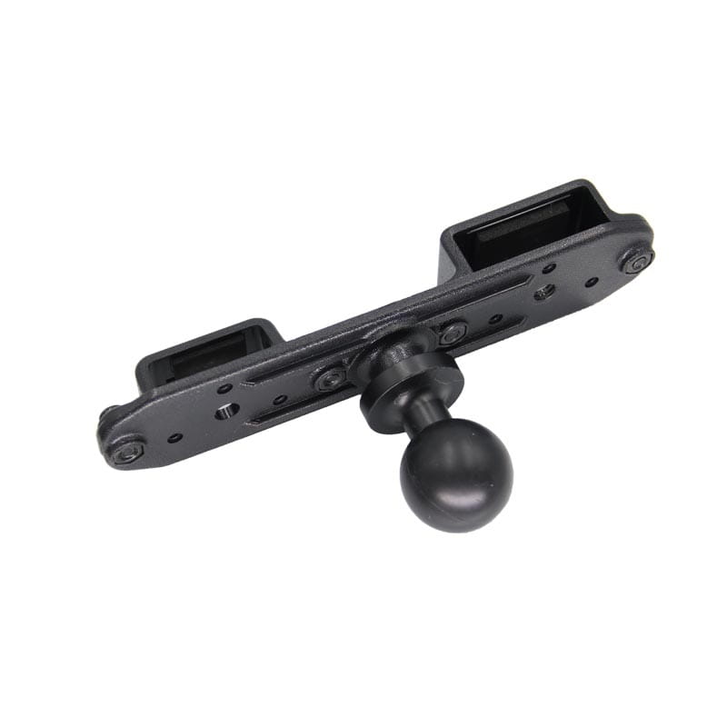 Support universel pour talkie-walkie noir avec rotule sphérique 1/4, en matériau durable, comprenant une rotule et deux fentes de montage, présenté depuis le côté arrière.