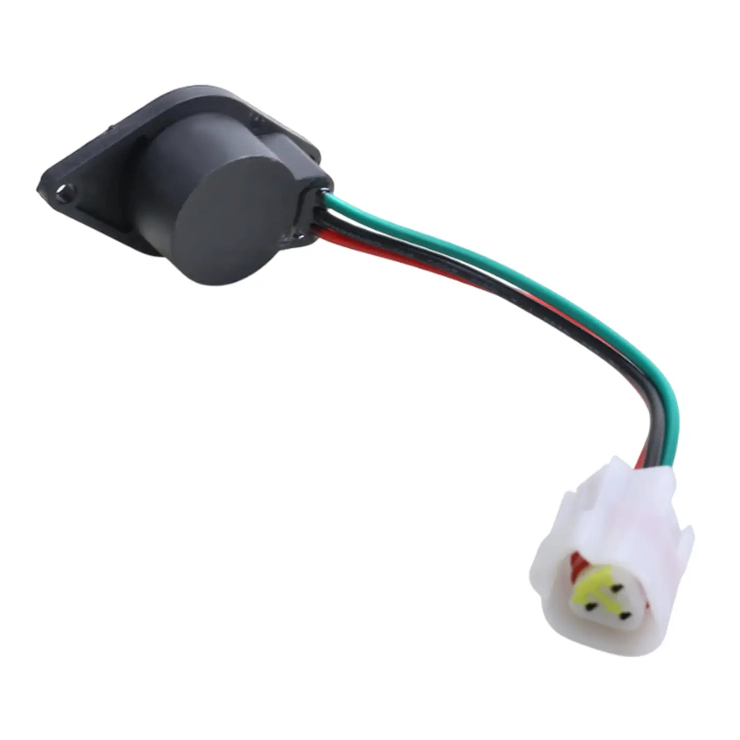 Black plastic ignition switch with three colored wires and a white connector for e-way golf cart speed sensor replacement shown from the back side.