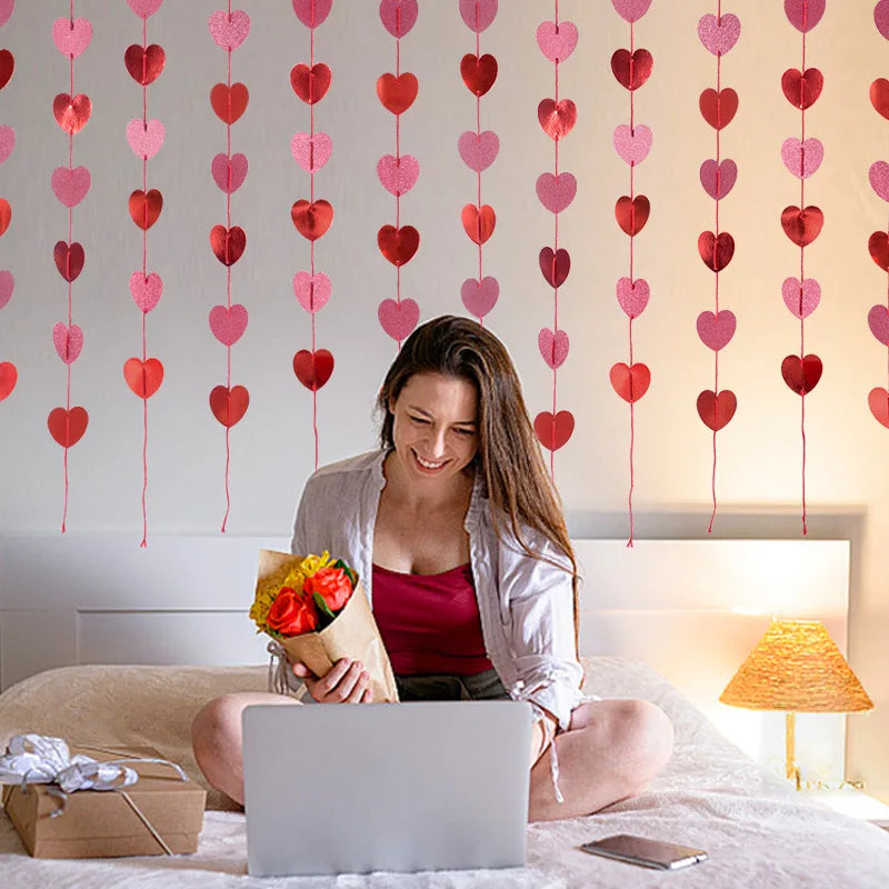 Valentines Day Red Heart Banner Garland Bunting Love Heart Paper Banner Valentines Day Decoration Birthday Party Banner String