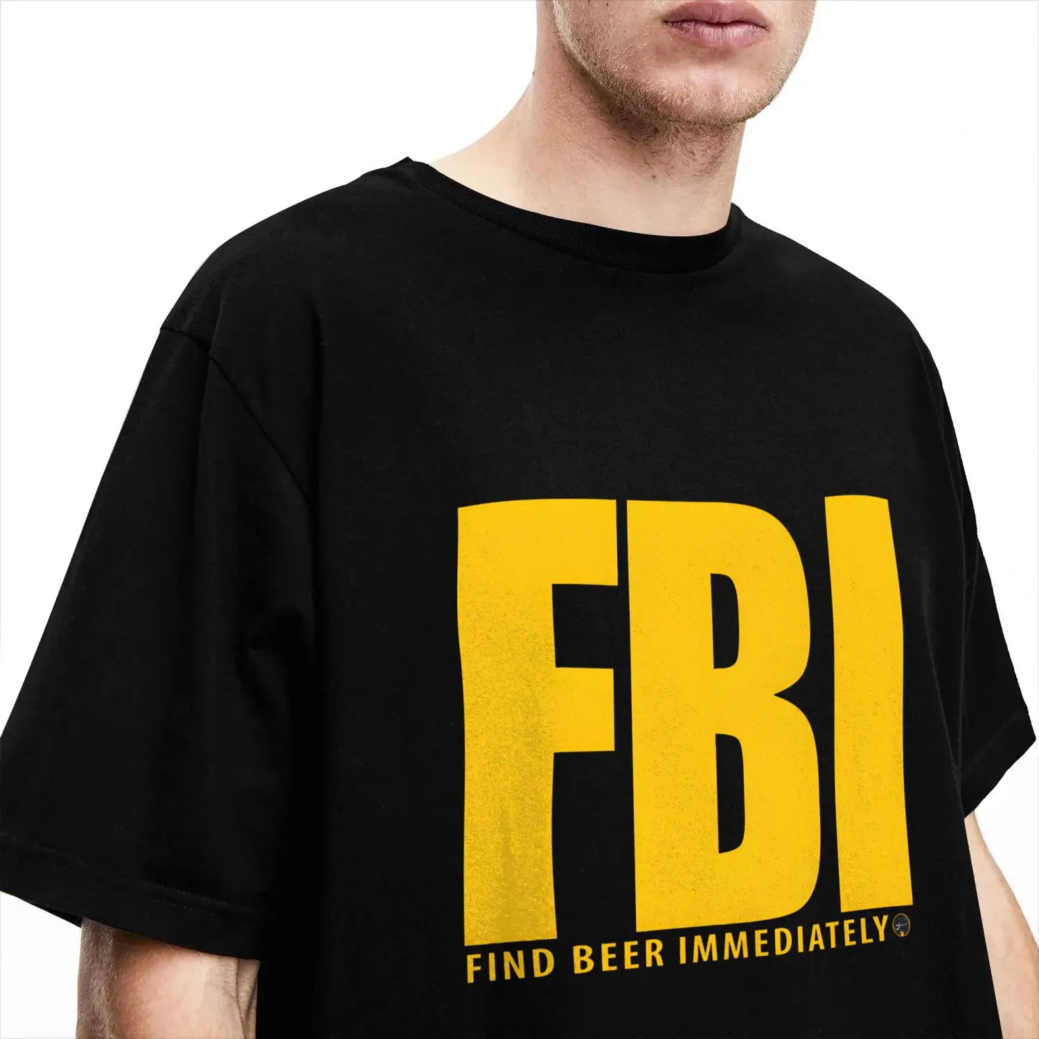 Black oversized men’s cotton t-shirt with bold yellow fbi lettering and the phrase find beer immediately printed below.
