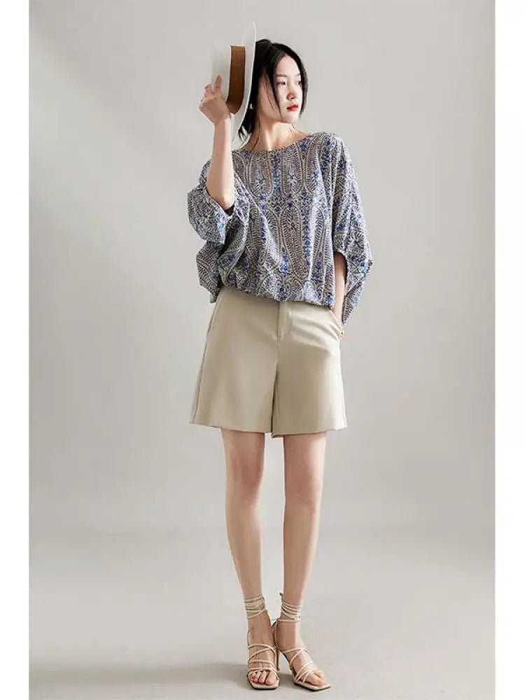 Elegant Blouses Women Vintage Bow Bandage Print Shirts Office Lady Summer Korean Batwing Sleeve Casual All Match Chic Tops