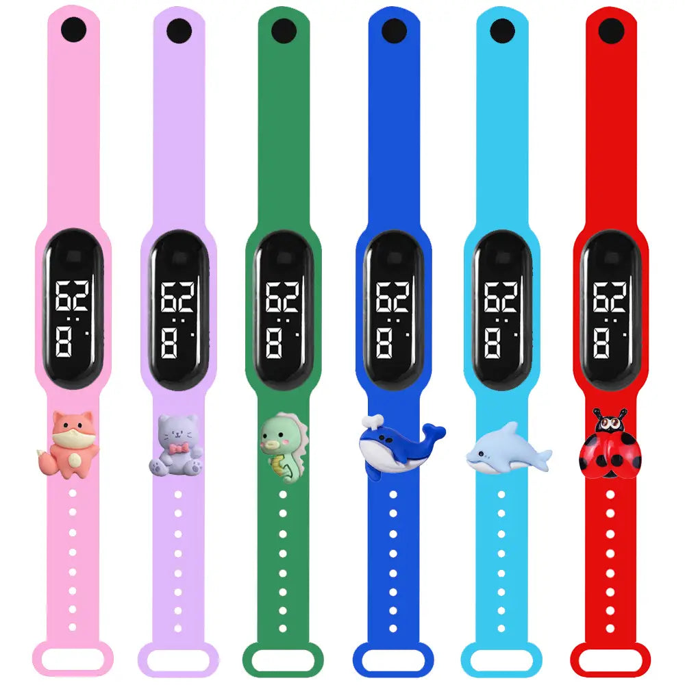 a set of six colorful silicone kids led digital sports watches featuring waterproof design and cute animal charms on the wristbands.