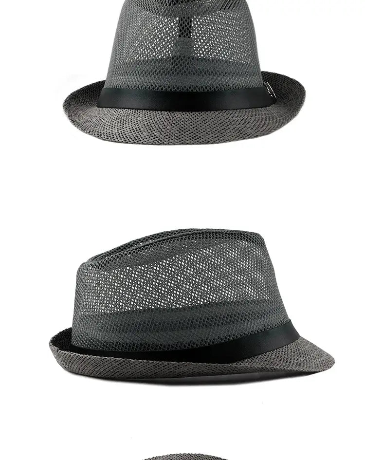 gray mesh linen fedora hat with a black band suitable for sun protection at the beach and summer wear