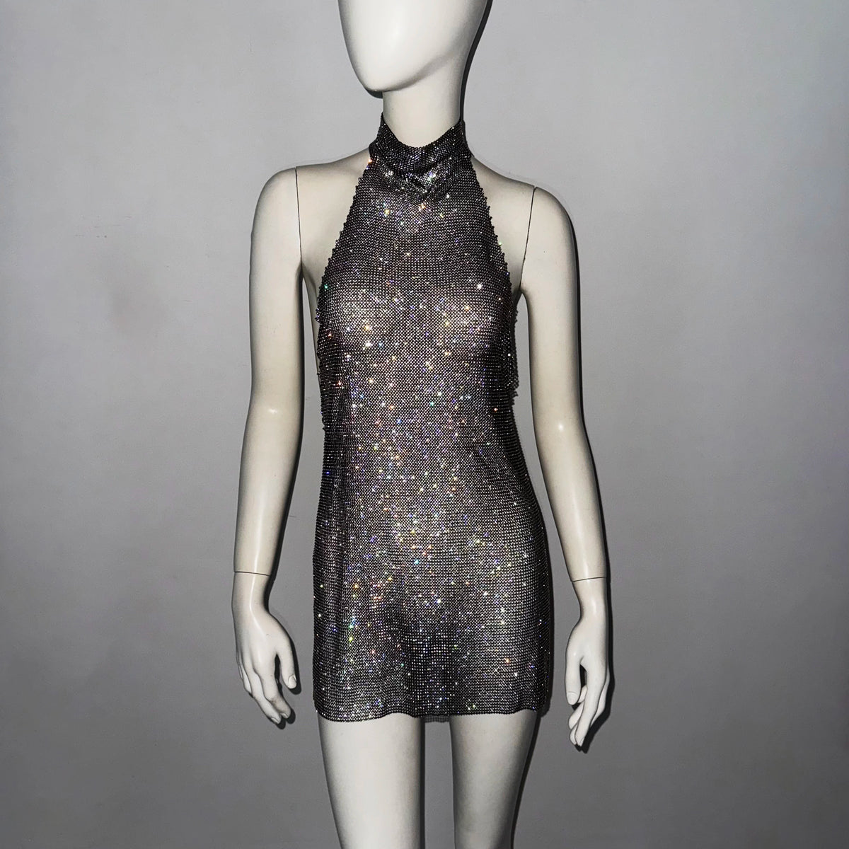 AKYZO European and American Fashion Women's Wear Sparkling Diamond Metal Nightclub Party Spicy Girl Group Sexy Backless Dress