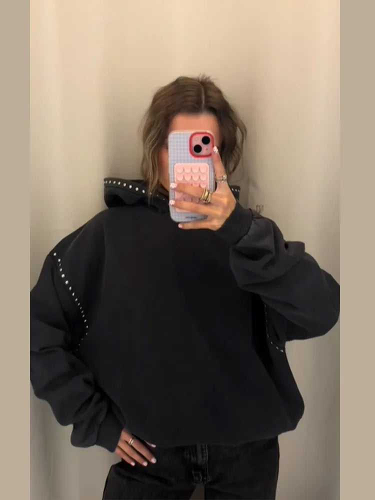 Women's Black Sweatshirt jacket Fashion Cool Casual Loose Long Sleeve Beaded Hoodie Trend Coat 2025 Autumn Lady Commute Outwear