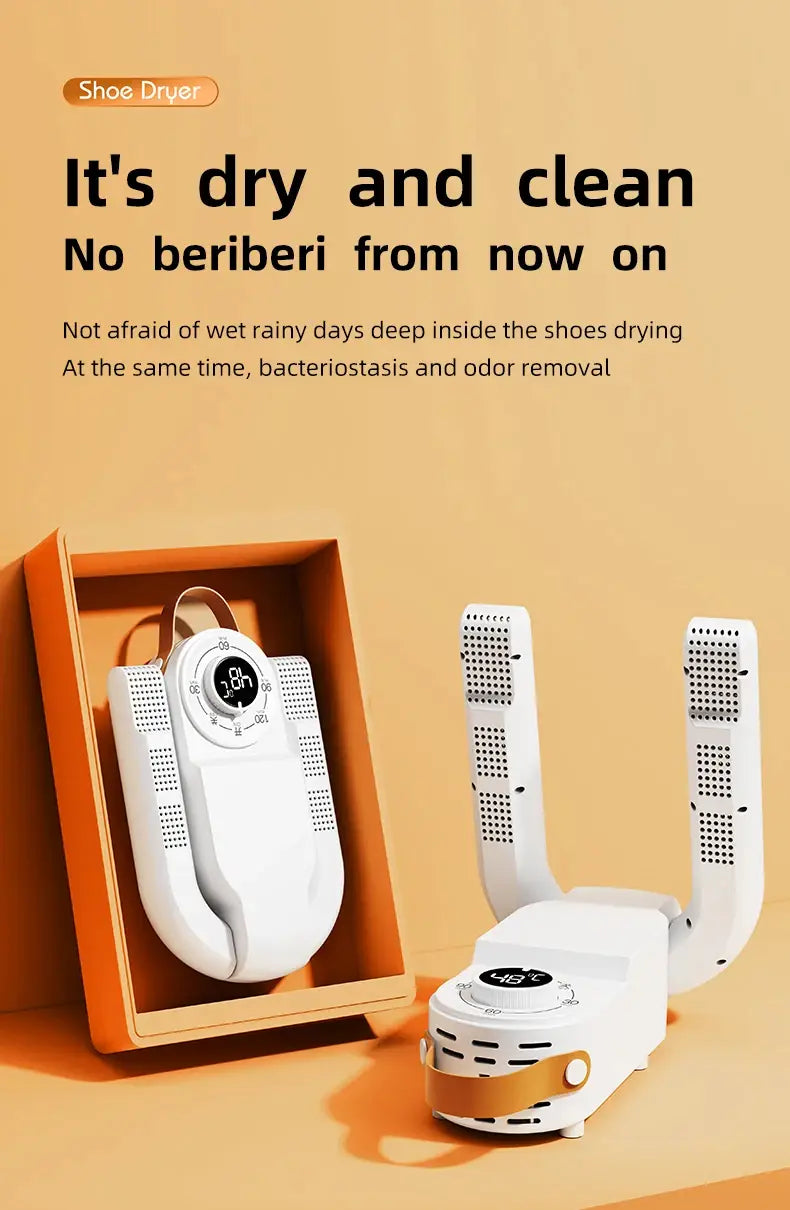 Sèche-chaussures électrique portable et réchauffeur en blanc, avec une conception en forme de U, un affichage numérique, des fentes de ventilation et une sangle d’accent orange pour un séchage efficace des chaussures.