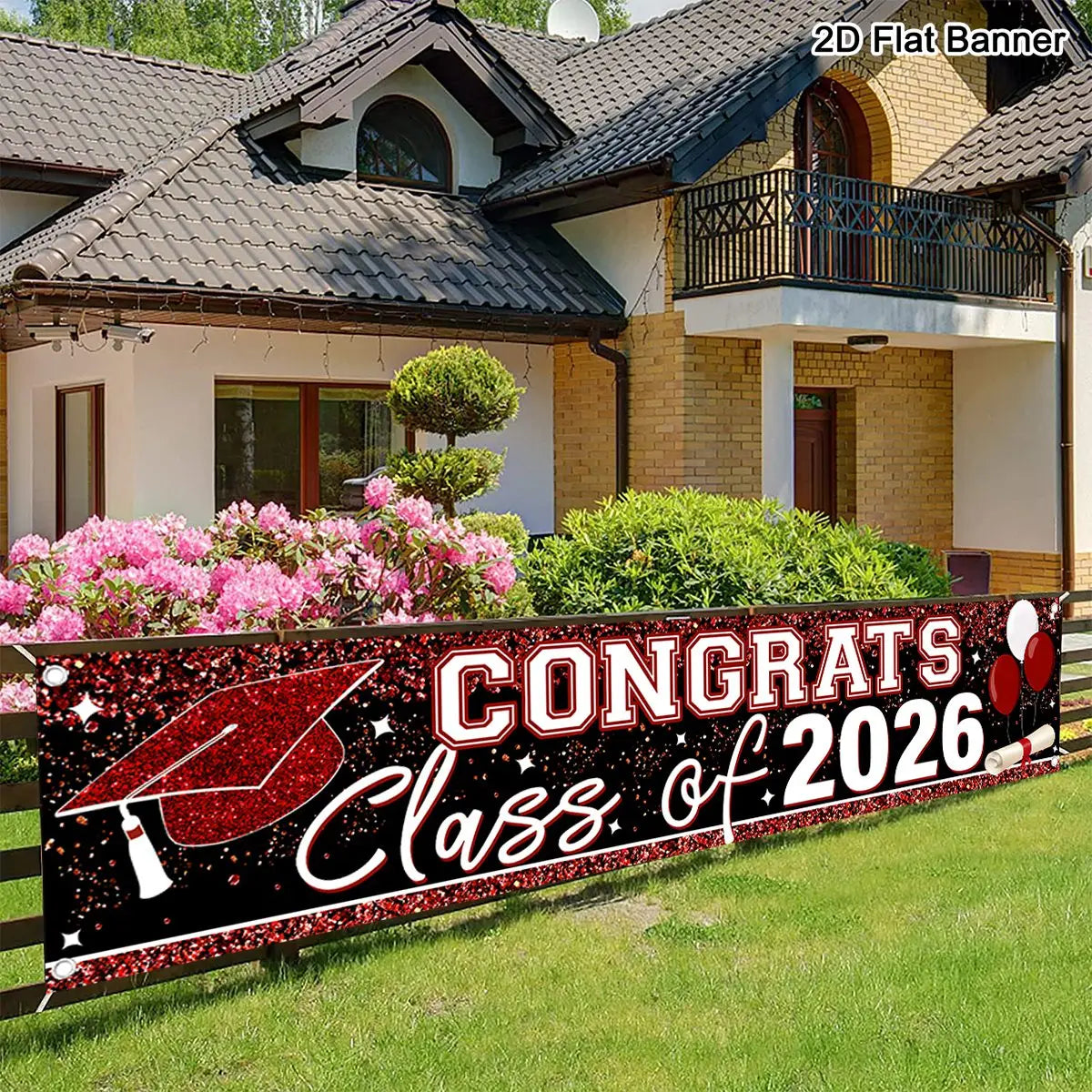 Banner de graduación clase de 2026, suministros para fiesta, con un diseño de birrete de graduación rojo con brillo y el texto de felicitaciones clase de 2026 sobre un fondo negro
