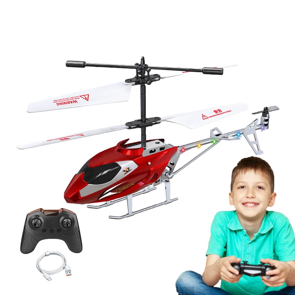 red and silver remote control helicopter with white blades designed as an easy flight toy for kids