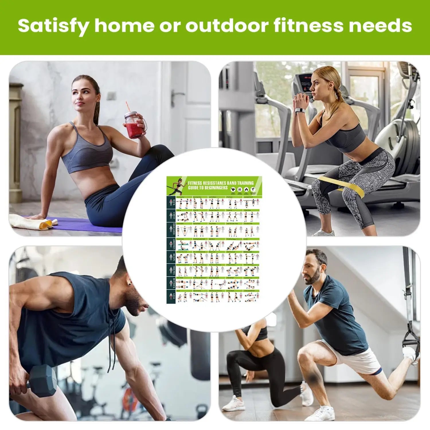 green and white resistance band workout poster featuring a fitness training guide for effective exercise routines