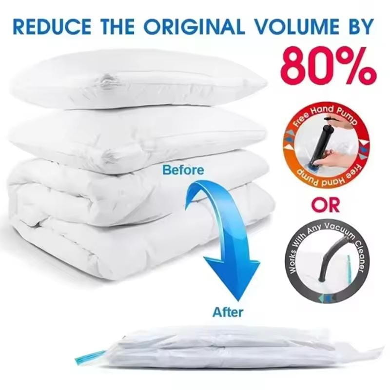 white vacuum storage bag with blue zipper pull and transparent seal made from pa+pe material included in a 5 pack for efficient vacuum storage solutions