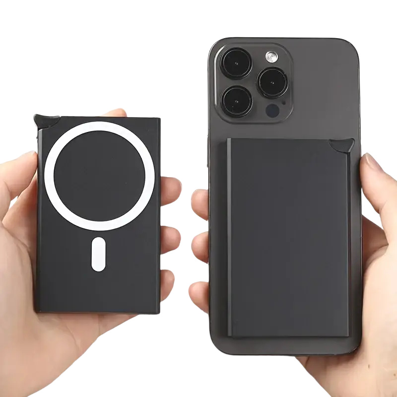 Black magnetic rfid blocking phone card wallet with white charging symbol and oval button for multiple phone models