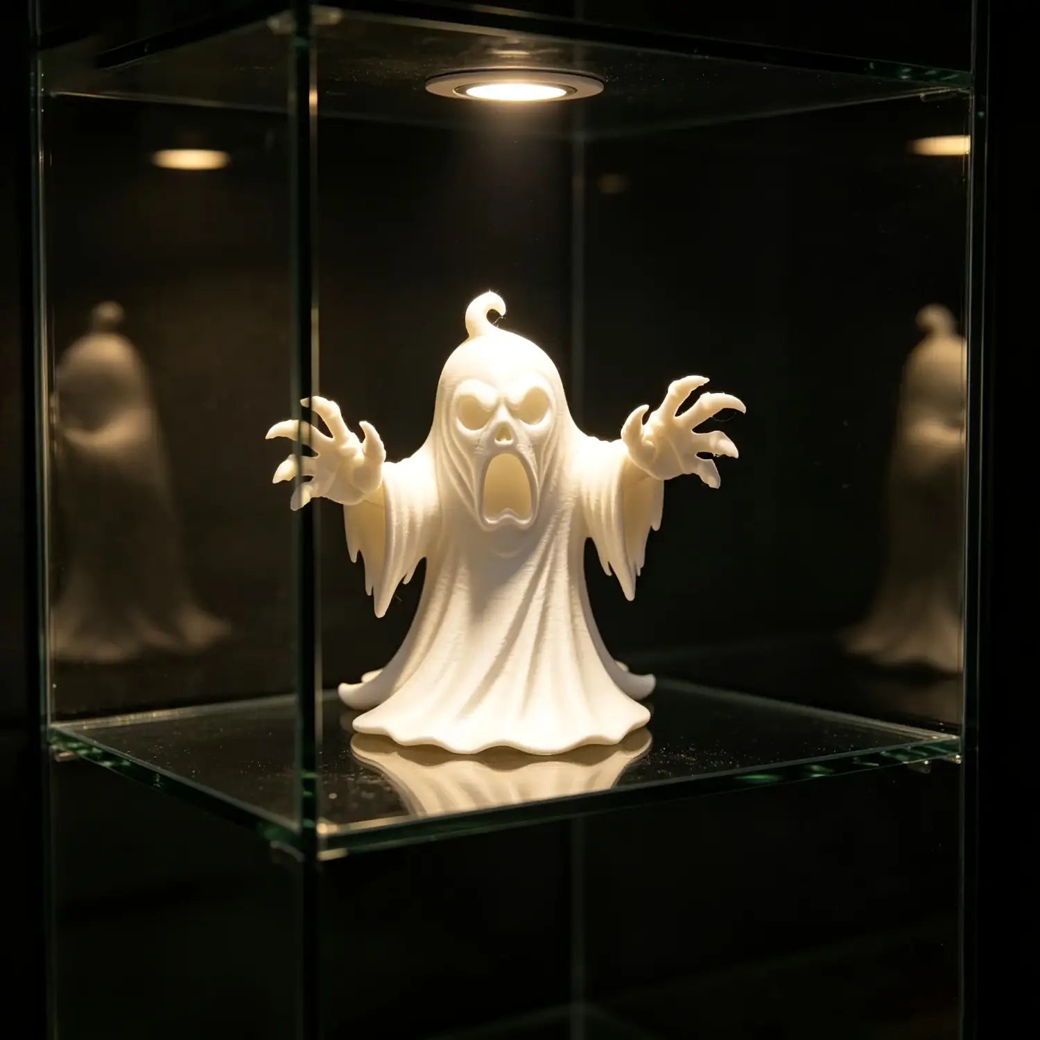 Eine weiße Geistfigur mit ausgestreckten Armen und fließendem Gewand, die in einer Glasschatulle ausgestellt ist, ist ein Halloween-Tischdeko-Element.
