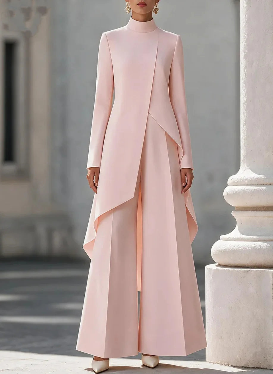 Women Two Piece Outfit Mock Neck Long Sleeve Irregular Asymmetrical Hem Top High Waist Wide Leg Pants Formal Suit Set
