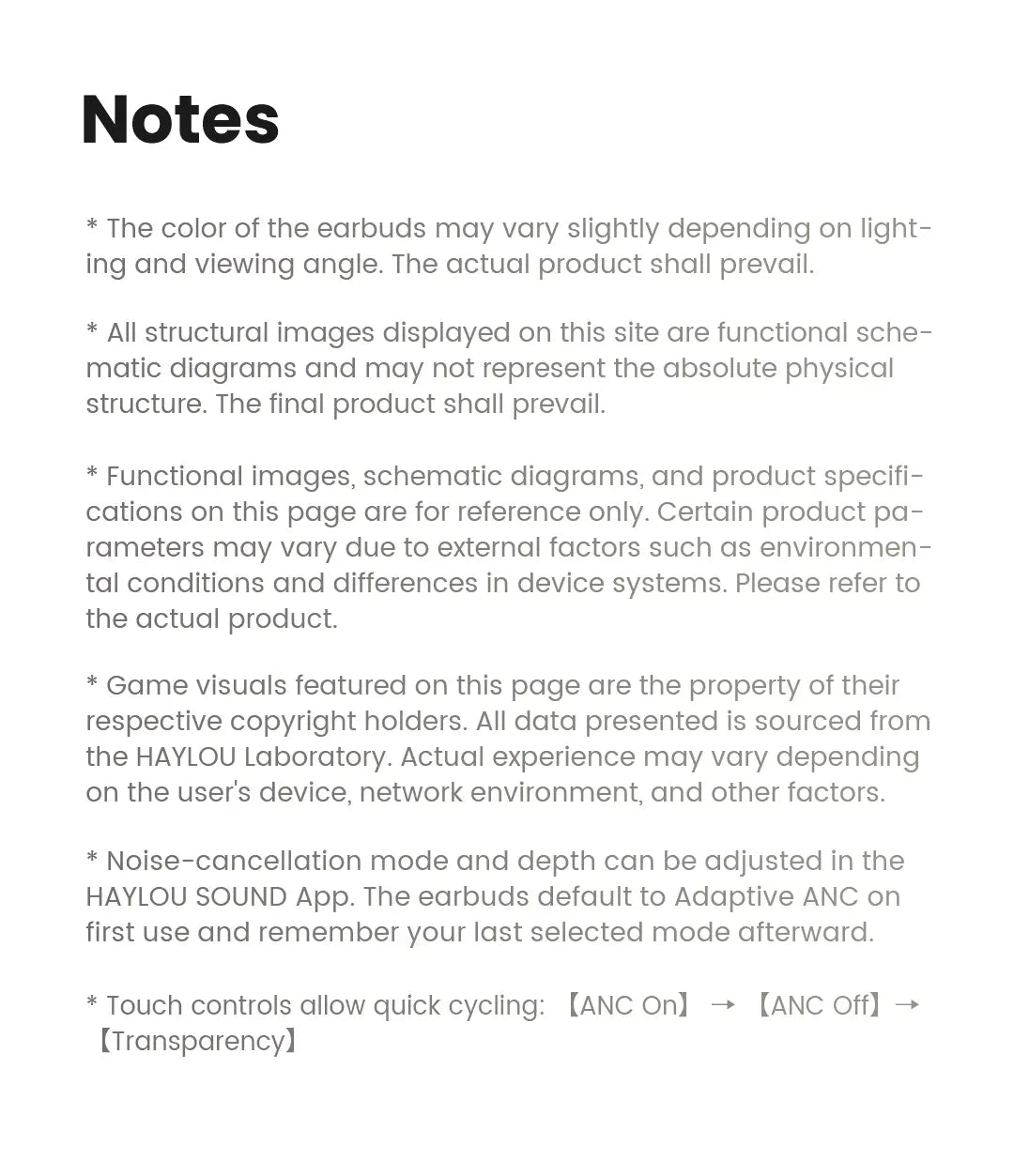 Texte noir sur fond blanc détaillant les notes du produit et les spécifications des écouteurs sans fil Haylou Flowbuds N55 avec étui de charge et fonctions d’autonomie prolongée