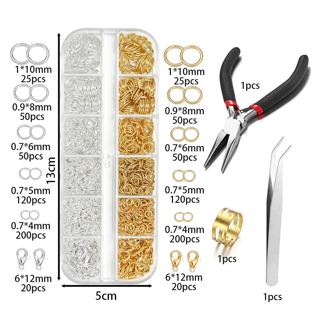 diy jewelry making findings kit with tools featuring organized compartments filled with silver and gold-toned metal jump rings, clasps, connectors, and essential tools like pliers and tweezers.