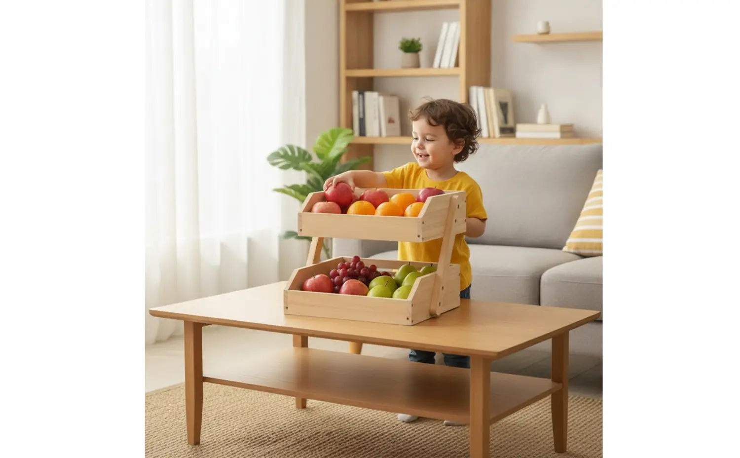 Support de rangement d’organisateur de plan de travail en bois, présentant une finition naturelle à deux niveaux : support en bois affichant des pommes et des oranges sur le niveau supérieur, et des raisins ainsi que des poires sur le niveau inférieur.