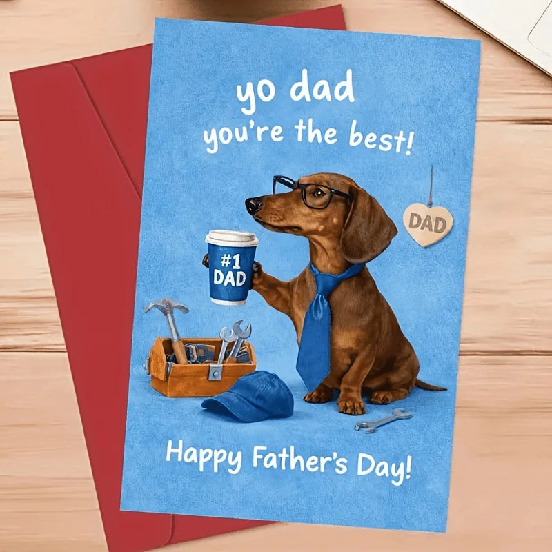 1 Fun Father's Day Greeting Card with a Red Envelope, Featuring a Long Dog Wearing Glasses and a Tie Holding a Number 1, with a Coffee Cup and Tools on the Side, with the Text "Yo Dad You'Re the Best," Perfect for Dad, a Cute