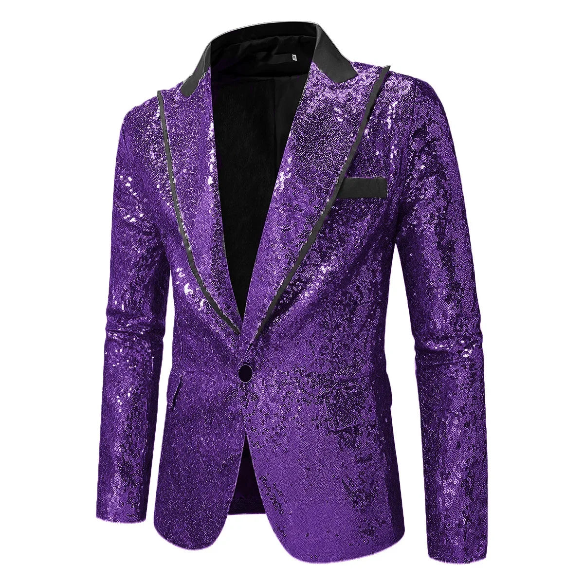 Blazer de soirée pour homme violet à sequins avec finitions noires et fermeture à un seul bouton