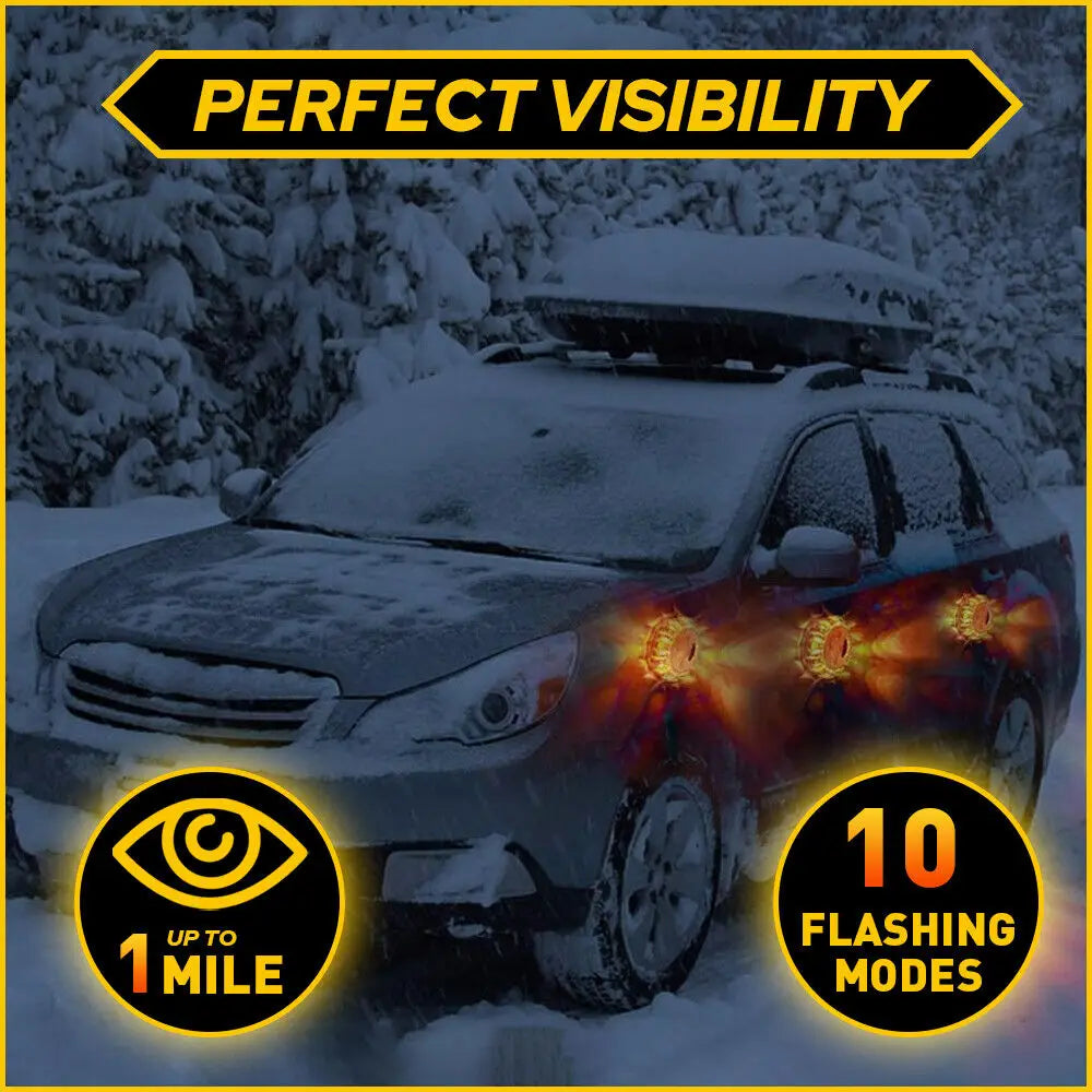 a black car with bright orange flashing led road flare emergency safety beacon strobe lights on its front bumper for enhanced visibility in snowy conditions