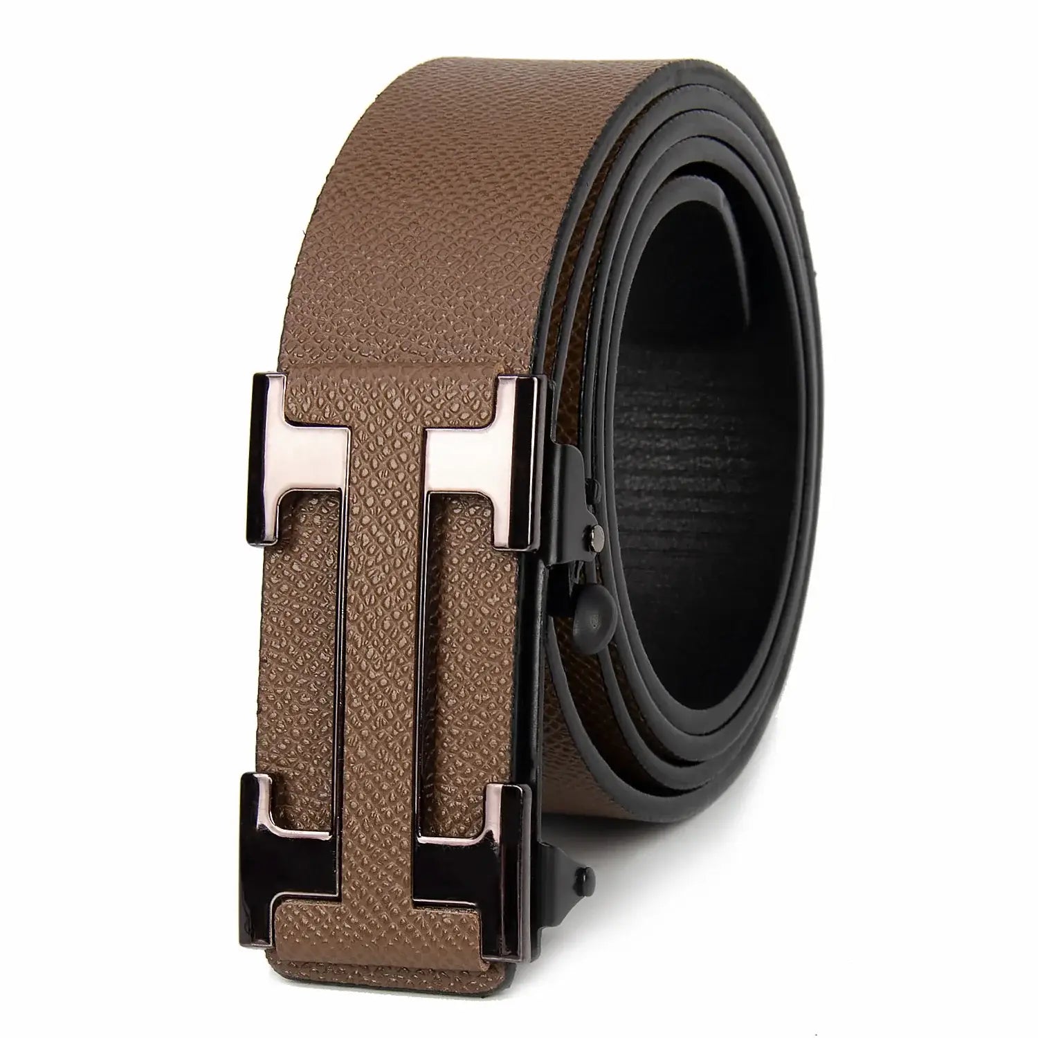 Ceinture d’affaires en cuir pour homme en cuir texturé marron, avec une boucle métallique en forme de H et un design épuré.
