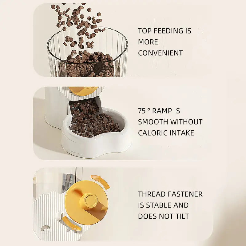 Hoopet wall mounted automatic pet feeder and water dispenser in white and yellow with a 75-degree ramp for smooth feeding.