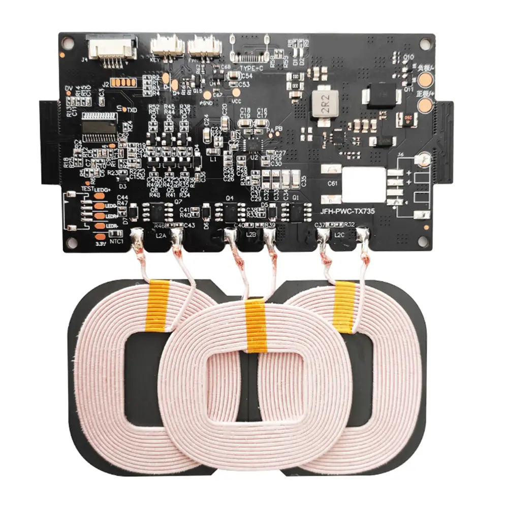 Módulo transmisor de carga inalámbrica negro jfh-pwc-tx735, con tres bobinas enrolladas rosas y cinta amarilla, diseñado para cargador inalámbrico de carga rápida de 20 W y para una carga inalámbrica eficiente.