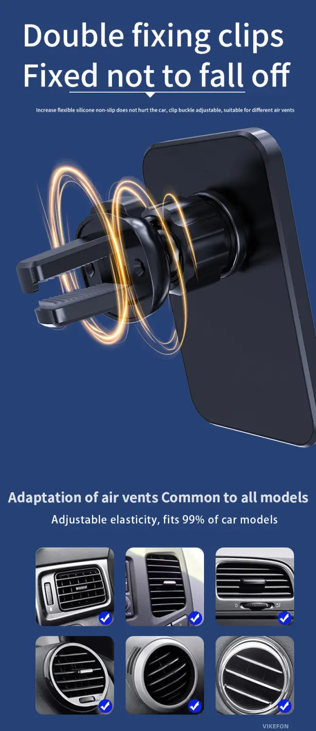 Black magnetic car air vent mount with adjustable double fixing clips for Vikefon magnetic car wireless charger for iPhone.