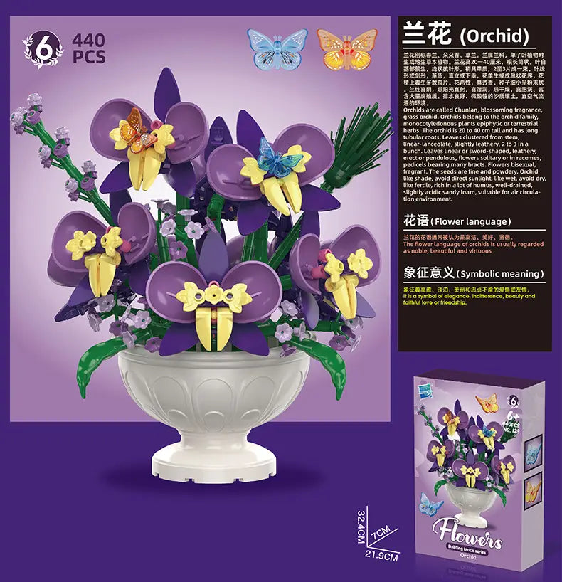 Lego compatible building block flower potted plant toy featuring a purple and yellow orchid bouquet assembled from plastic building blocks in a white ceramic style vase.