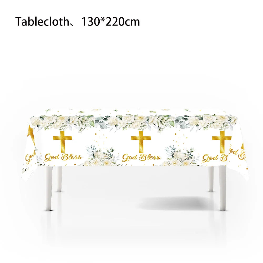 Baby Shower Party Tablecloth Pink White Blue God Bless Cross Tablecover Holy Day Communion Supplies Baptism,Kids Birthday Party