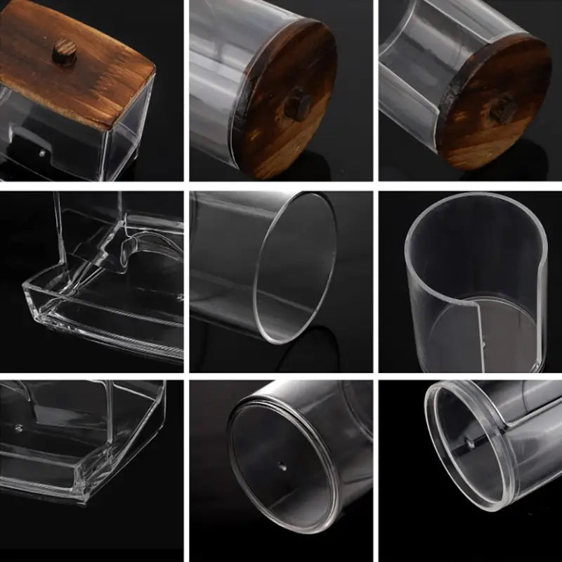 Clear acrylic cylindrical container with wooden lid and central knob for q-tip and cotton ball storage jar set.