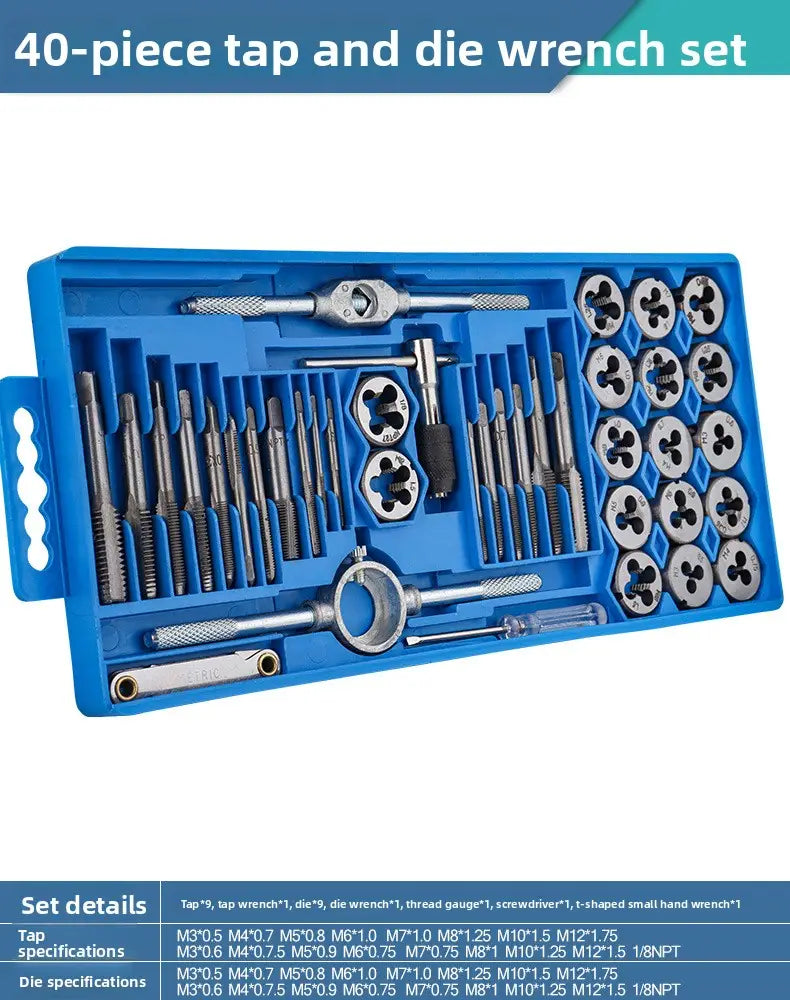 Blue plastic case containing a 40-piece metallic tap and die set thread cutting tool kit for threading and repair tasks.