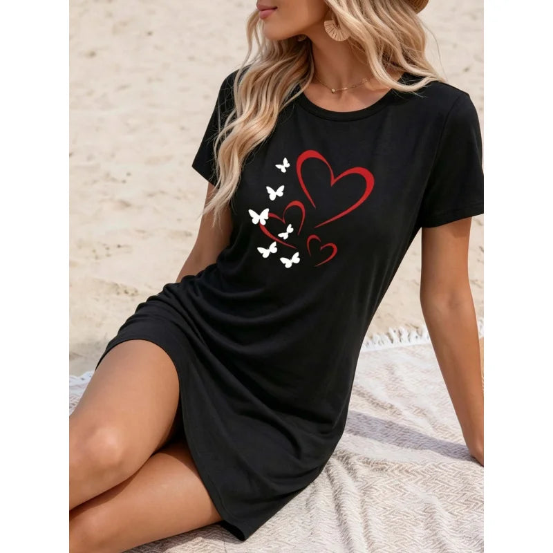 Women's Casual Dress - Fashionable Printed Short-Sleeved Round-Neck Nightgown - Loose-Fit Home Wear - Summer Beach Dress