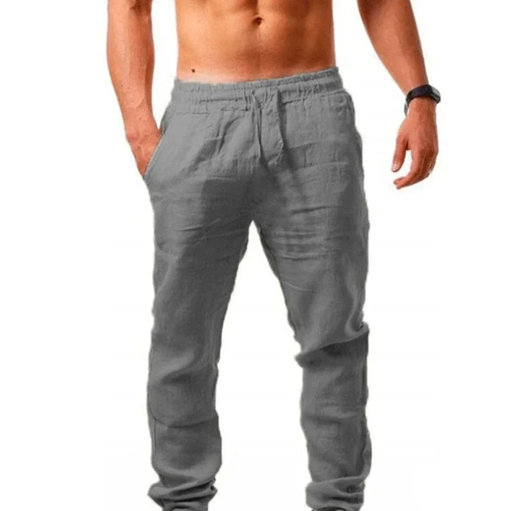 Pantalones de chándal ligeros de lino grises para hombre con cierre de cintura elástica y cordón.