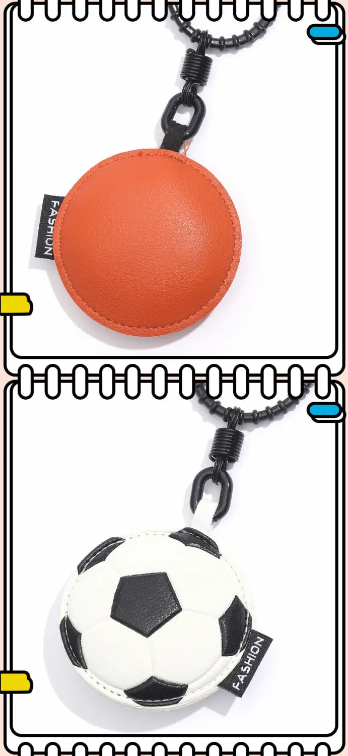 Leather sports ball keychain set bag charm featuring an orange and white soccer ball-shaped keychain with black stitching details.