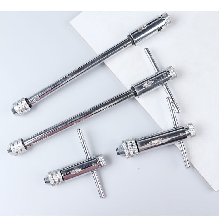 Set of three chrome-finished t-handle drill chuck key wrenches with textured grips and engraved markings for tap and die set thread cutting tool kit.