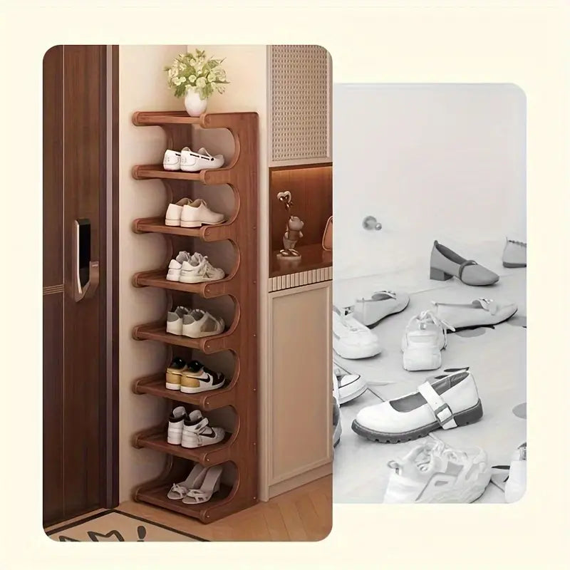 Meuble-bottes en bois brun à étagères courbées, conçu comme organisateur de rangement pour chaussures.
