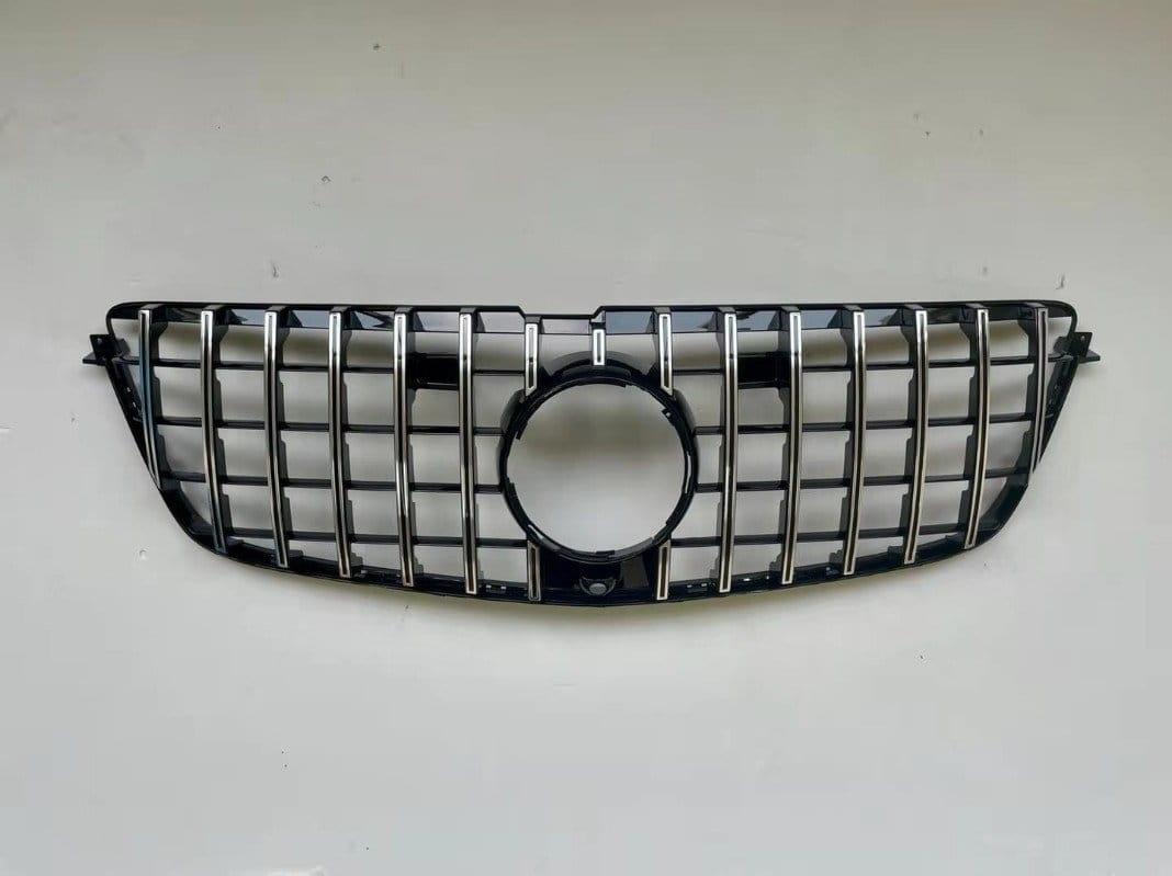 Black and chrome Gtr front grille for Mercedes Benz X166 2013 2015 featuring a central circular emblem designed for vehicle front use.