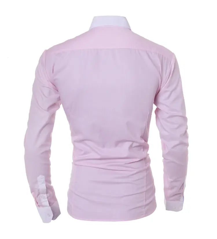 Men striped slim fit long sleeve casual shirt in soft pink with a crisp white collar and cuffs made from smooth fabric.