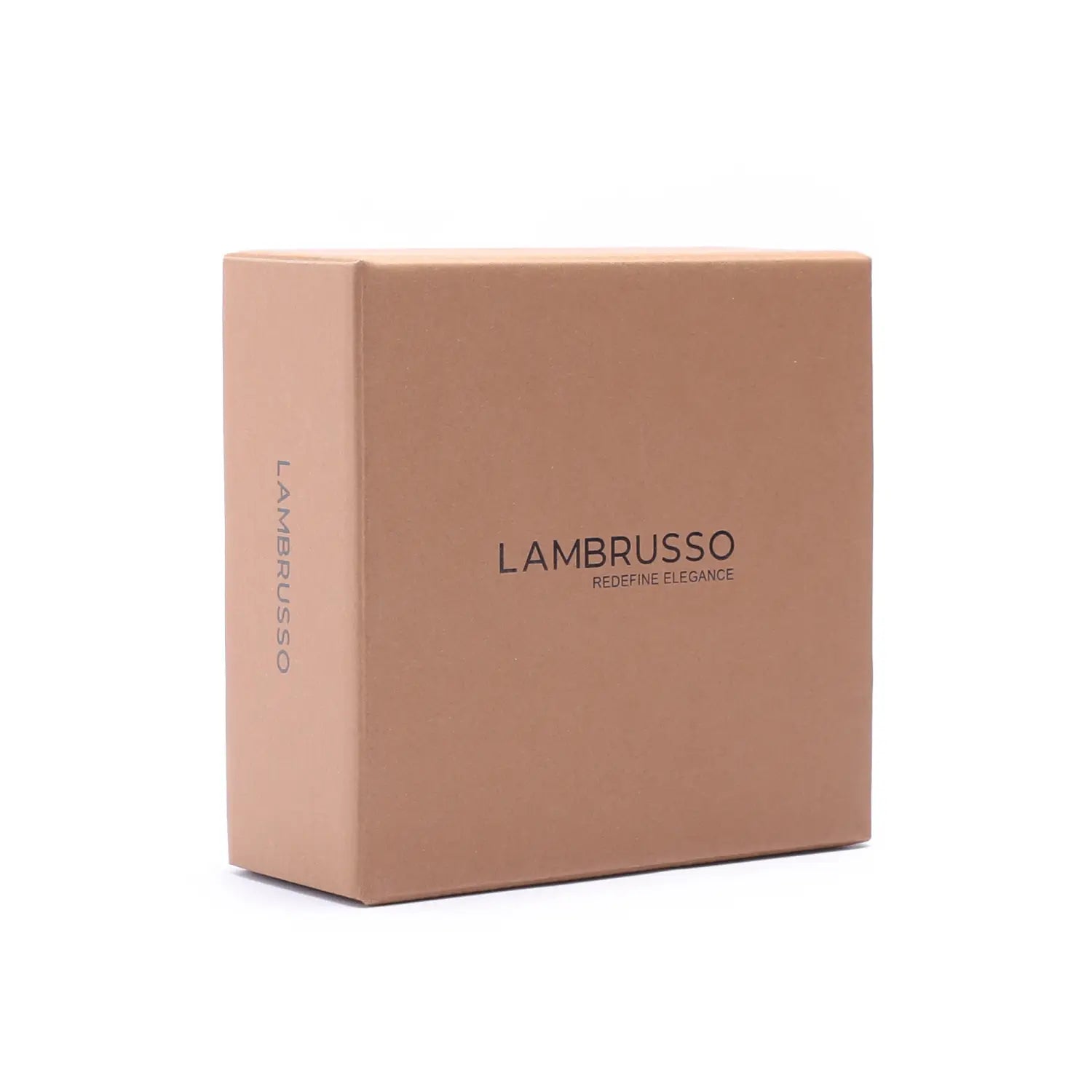 a sleek matte tan rectangular box with the lambruso brand name and tagline in dark gray containing a men genuine leather braided belt