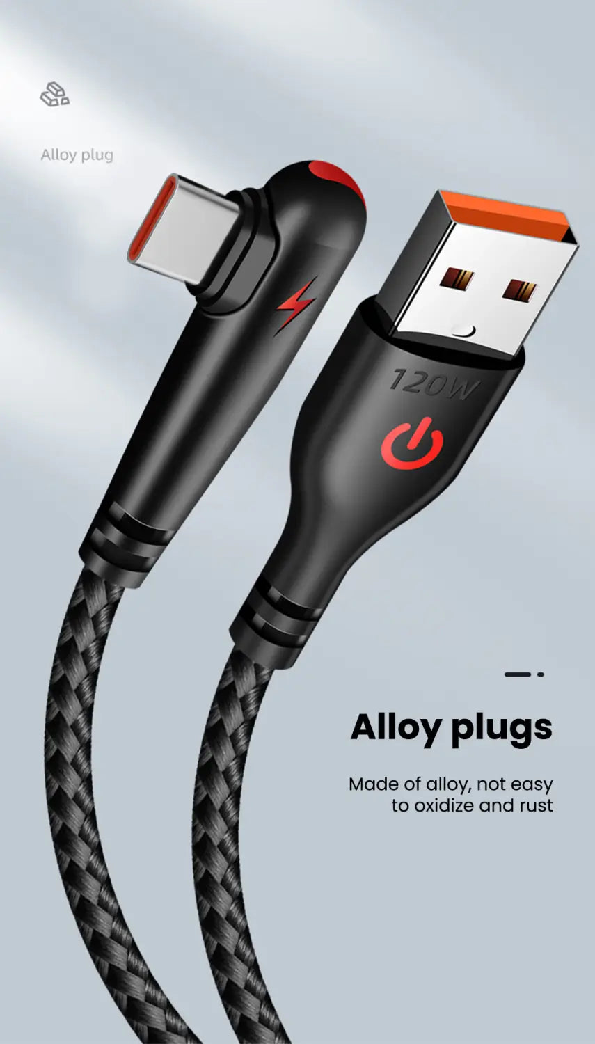Schwarzes geflochtenes USB-Typ-C-Ladekabel mit Metallsteckern, die rote Akzente aufweisen, sowie 120-W-Kennzeichnung für schnelles Laden und eine 6-A-Stromkapazität