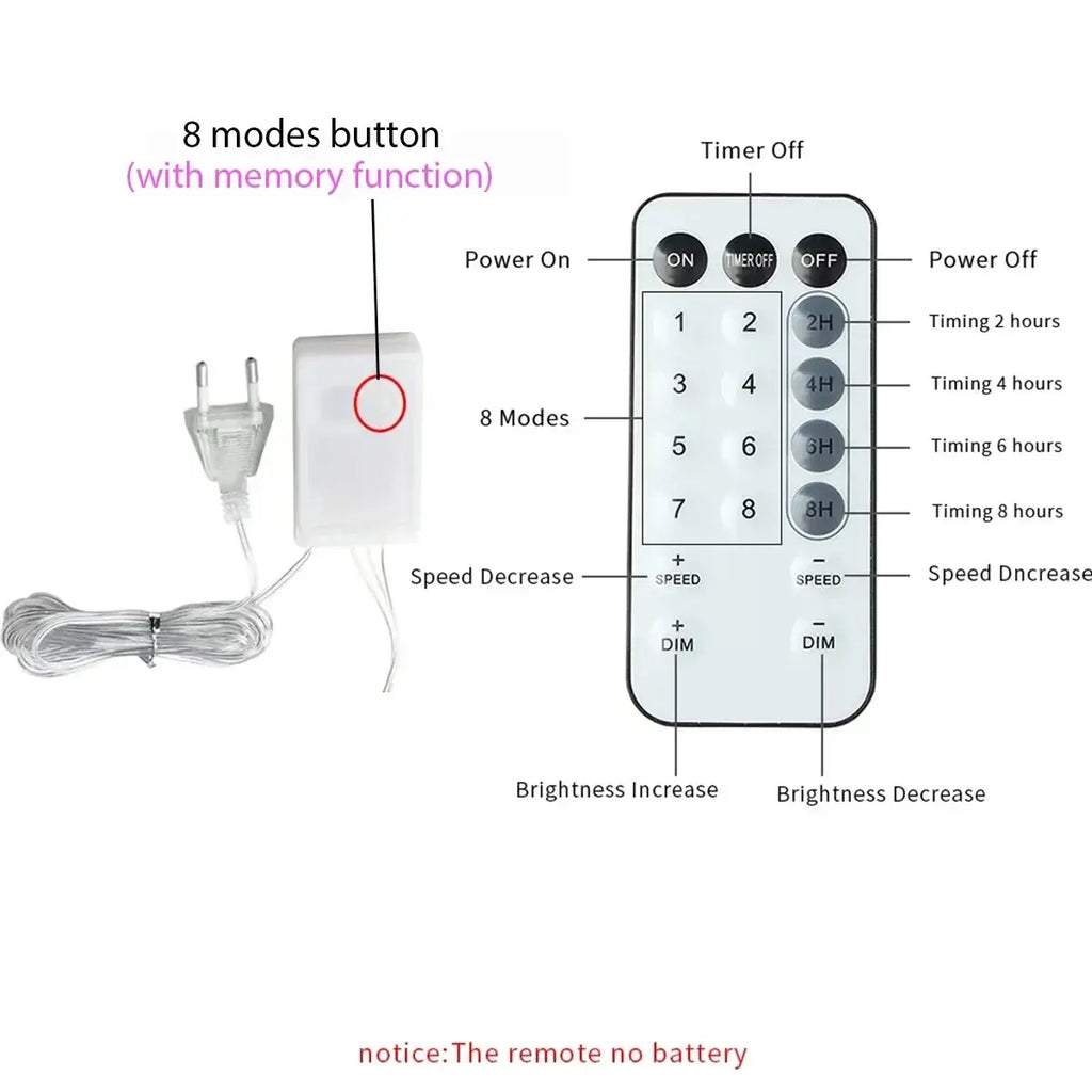 White remote control with black buttons and labeled timer brightness and speed functions with matching power adapter for led fairy string lights