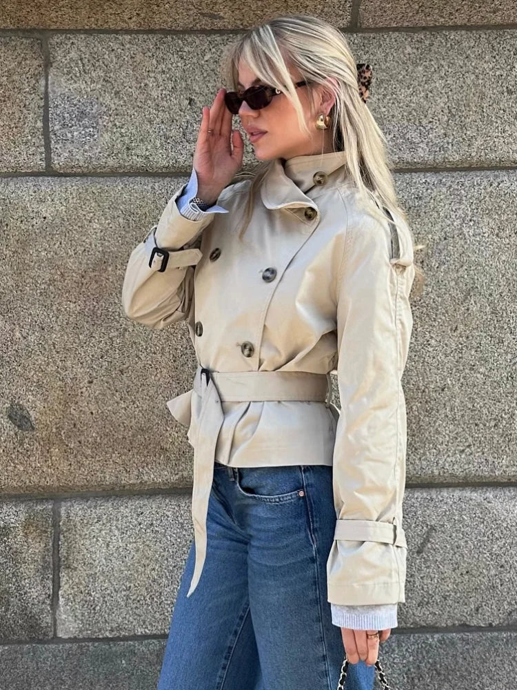 Double Breasted Trench Coat With Belts Women Elegant Stand Collar Long Sleeve Jacket Office Lady Windbreaker Street Tops